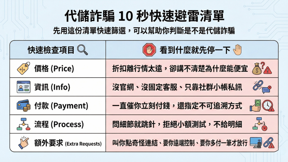代儲詐騙 10 秒快速避雷清單