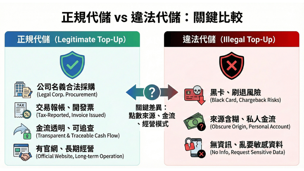 正規代儲 vs 違法代儲比較表