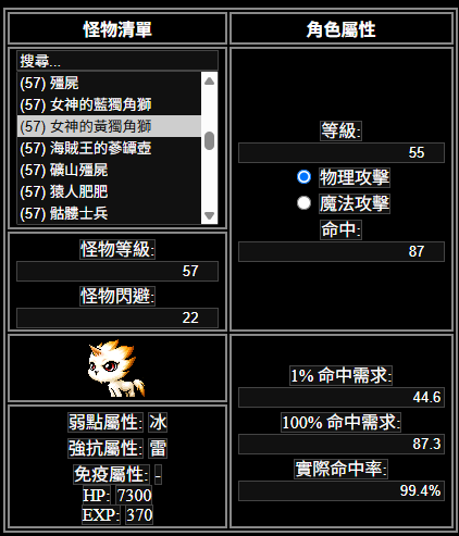 楓之谷artale 命中率計算機示意圖