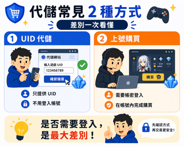 代儲常見兩種方式比較，說明 UID 代儲與上號購買的差別及帳號安全注意事項