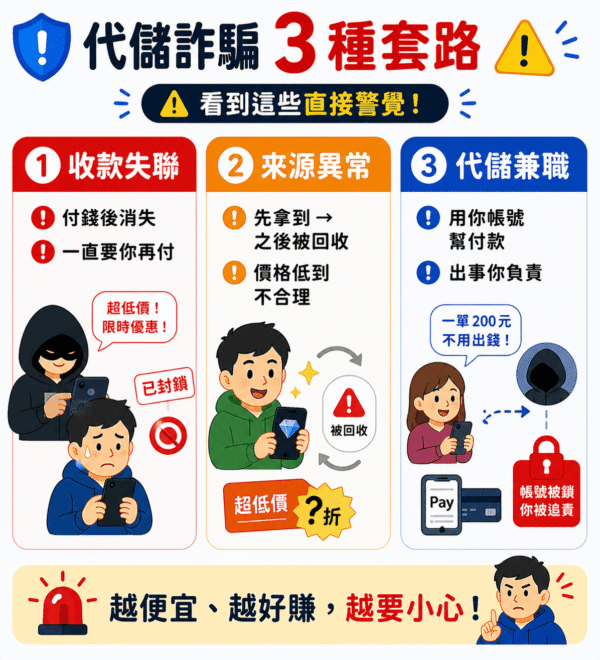 代儲詐騙三種常見套路，包含收款失聯、低價來源異常與代儲兼職帳號風險提醒
