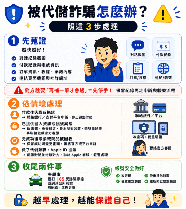 被代儲詐騙怎麼辦？三步驟處理代儲付款失聯、帳號異常與報案流程教學