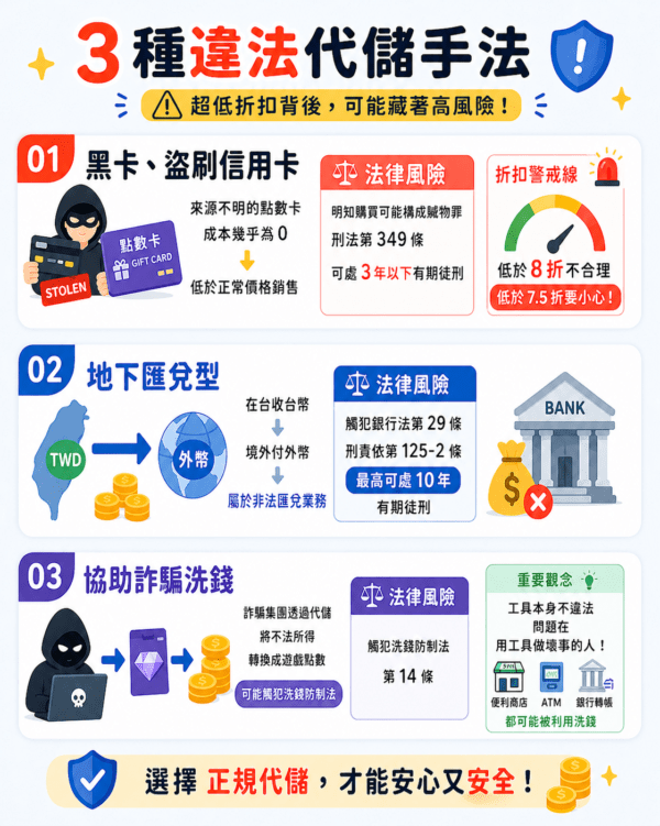 違法代儲手法說明圖，介紹三種常見風險：黑卡與盜刷信用卡、地下匯兌型代儲，以及協助詐騙洗錢，並提醒低價代儲可能隱藏高風險。