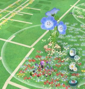 Pikmin Bloom 地圖上巨大花朵嫩芽與盛開狀態