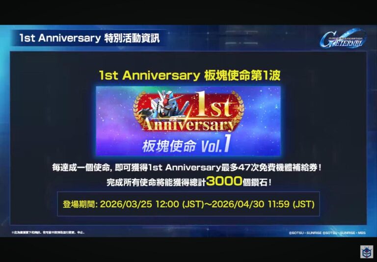 《SD鋼彈G世代永恆》一週年板塊使命第 1 波內容