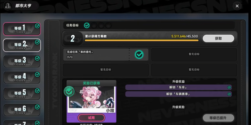 《異環》城市大亨系統介面，顯示當前等級與升級條件畫面