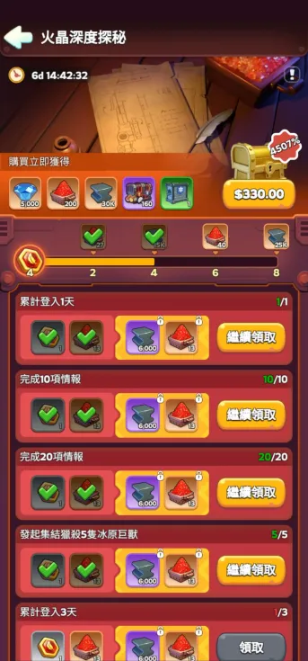 《寒霜啟示錄》第一個 T11 要多久|無課與微課所需時間、禮包效益試算 2 《寒霜啟示錄》火晶深度探秘活動介面截圖2