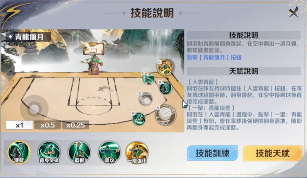 《超時空街球對決》關羽技能介紹頁面