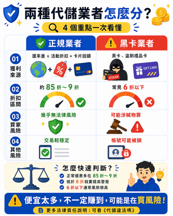 兩種代儲業者比較圖，說明正規業者與黑卡業者的獲利來源、折扣區間與買家風險差異。