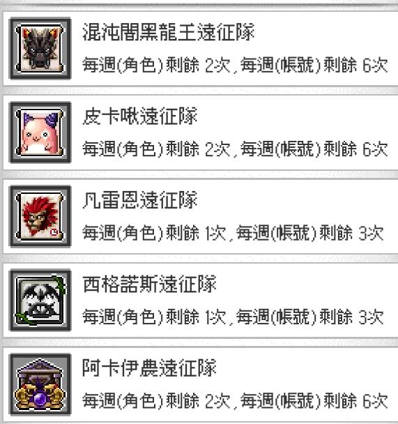 楓星 BOSS 討伐入口或討伐清單介面截圖
