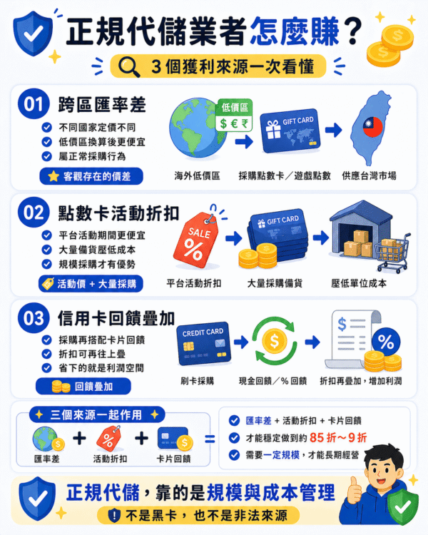 正規代儲業者獲利方式說明圖，整理跨區匯率差、點數卡活動折扣與信用卡回饋疊加三大來源，說明正規代儲靠規模與成本管理提供優惠。