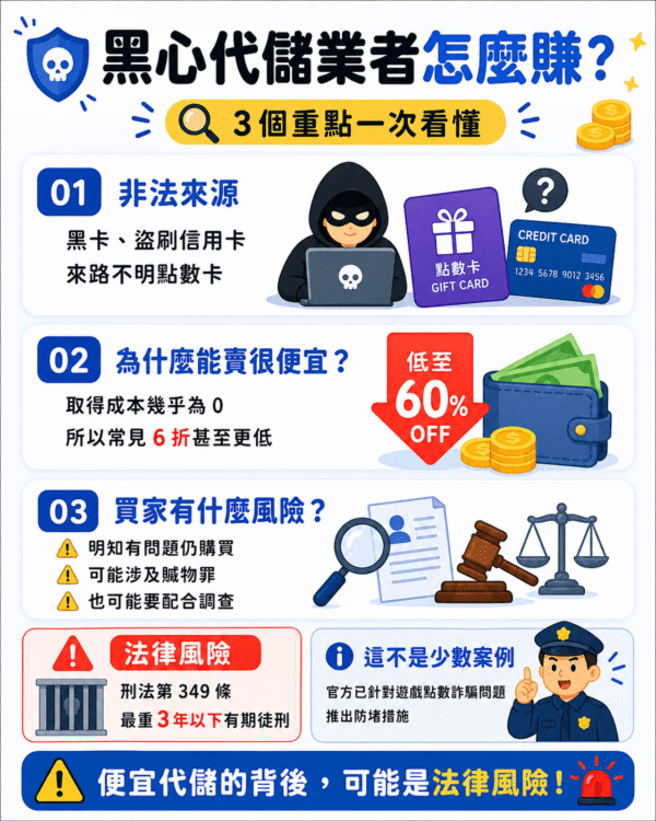 黑心代儲業者獲利方式說明圖，整理非法來源、低價原因與買家風險，提醒黑卡、盜刷信用卡、來路不明點數卡可能涉及法律風險。